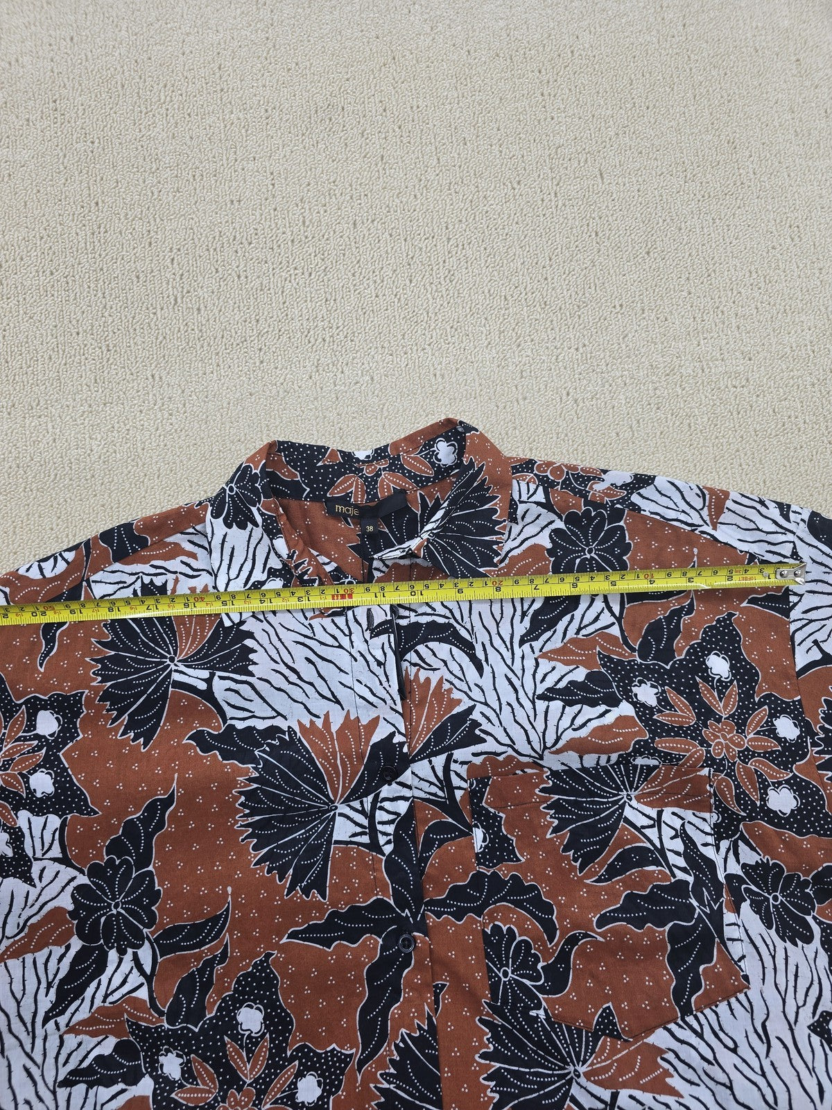 Maje Women's Brown Black Floral Collared Short Sleeve Shirt Size 38