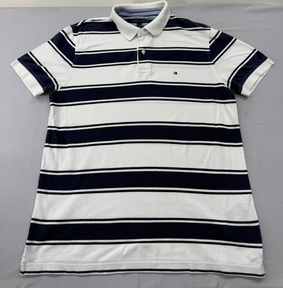 Tommy Hilfiger Men's Navy Stripe Polo Shirt Size L Custom Fit Cotton