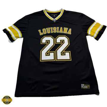 Primark Men's Black Louisiana 22 Soccer Jersey Yellow White Stripes V-Neck S/M