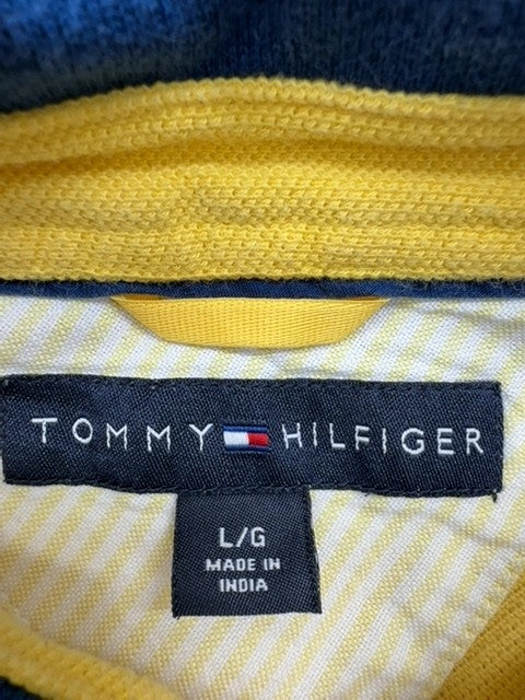 Tommy Hilfiger Men's Navy Yellow Striped Polo Shirt Size L Cotton