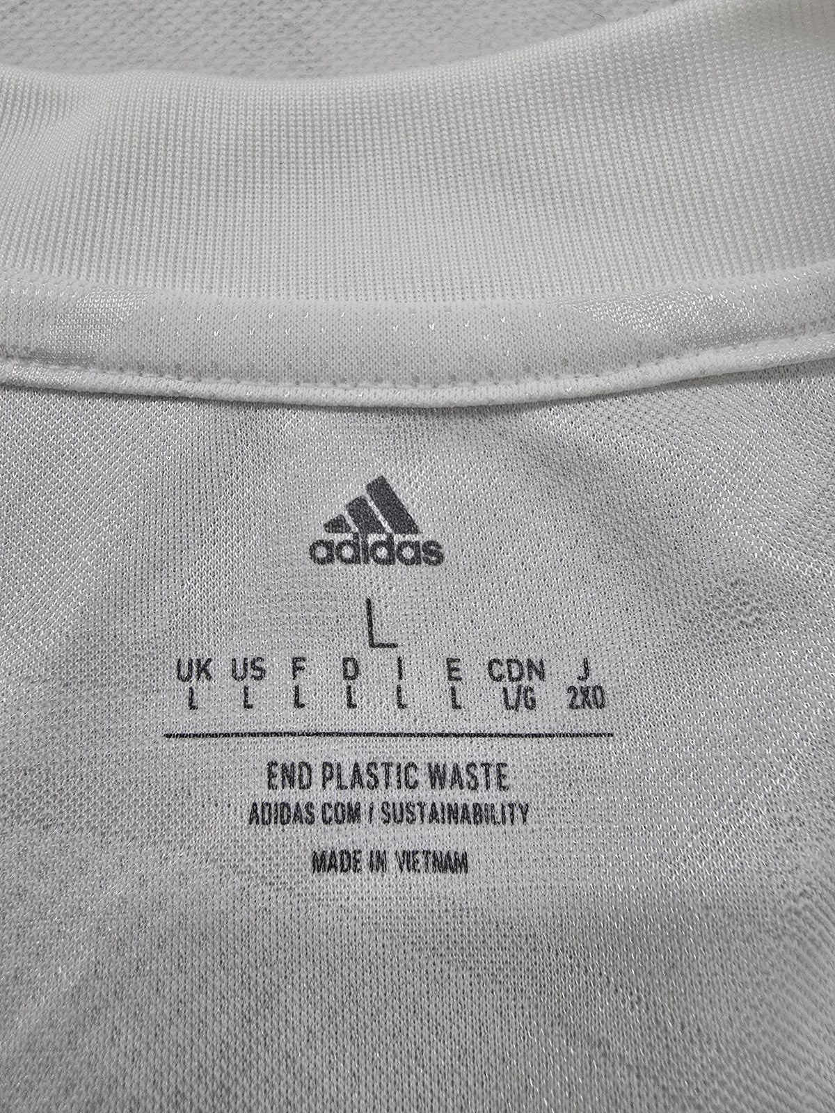 Adidas Men's White Striped Soccer Jersey L V-Neck Short Sleeve