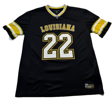 Primark Men's Black Louisiana 22 Soccer Jersey Yellow White Stripes V-Neck S/M