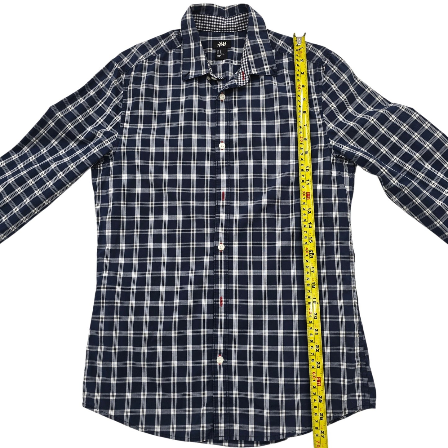 H&M Women's Navy White Check Button-Up Shirt Size S Long Sleeve Collare