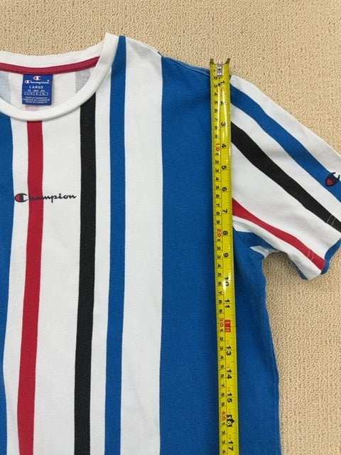 Champion Men's Multi Striped Short Sleeve T-Shirt Large Logo Crewneck