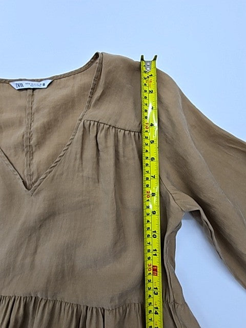 Zara Khaki V-Neck Puffed Sleeve Tiered Knee Dress M