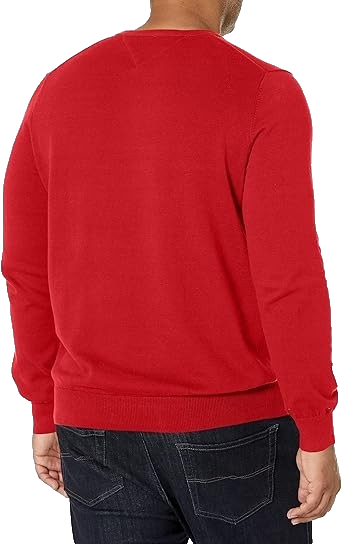 Tommy Hilfiger Red V-Neck Sweater L � Cotton Knit � Men�S Pullover