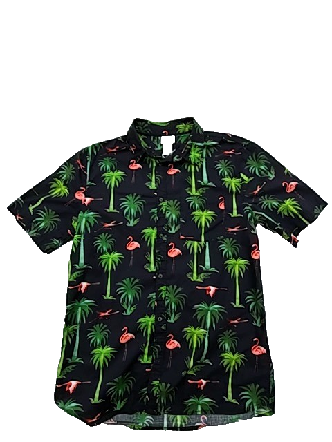 H&M Men's Black Flamingo Tropical Short Sleeve Shirt Size M Regular Fit