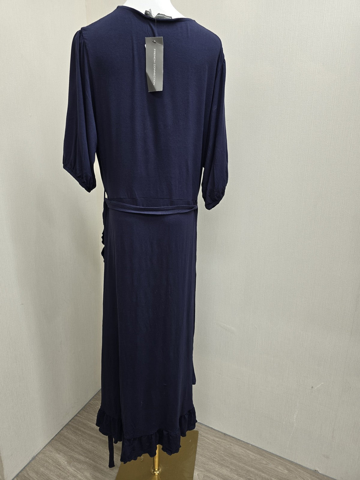 French Connection Navy Printed Wrap Midi Dress M Short Sleeve Ruffle