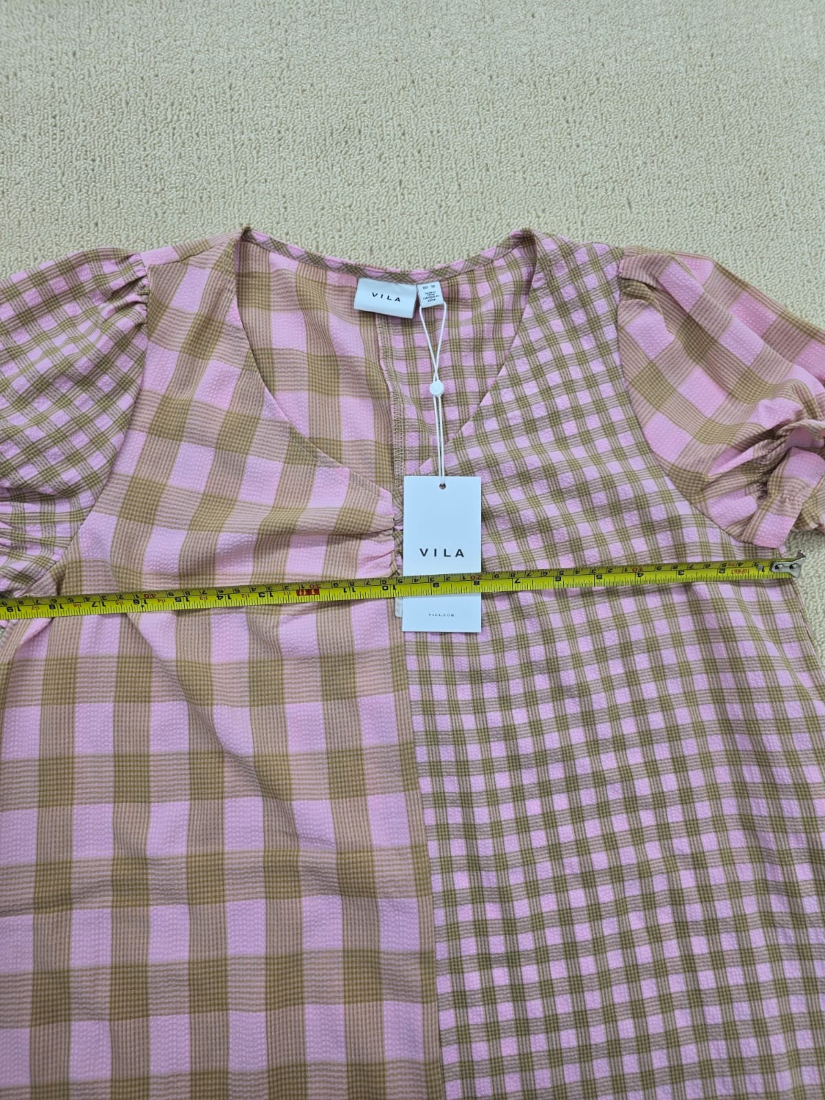 Vila Pink Beige Gingham Maxi Dress Short Puff Sleeve Round Neck M