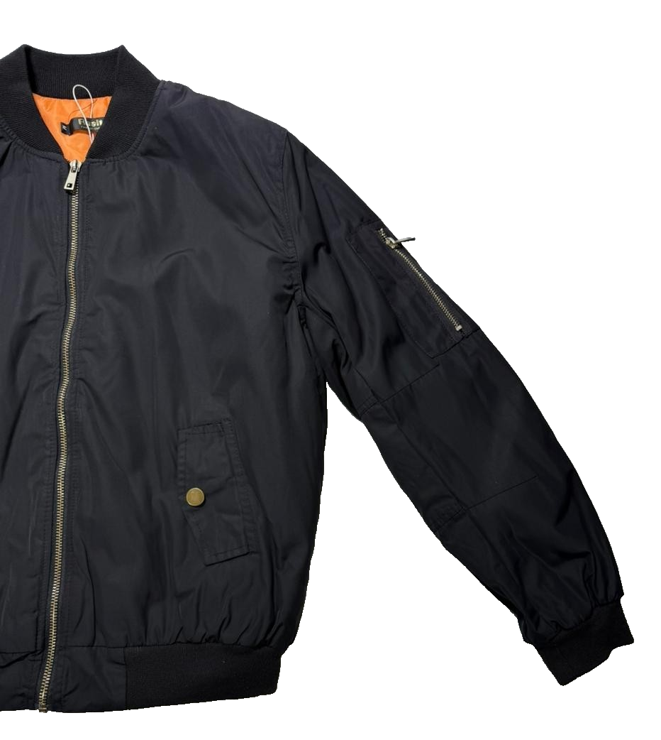 Classic Black Bomber Jacket Orange Lining Full Zip Pockets - Size M