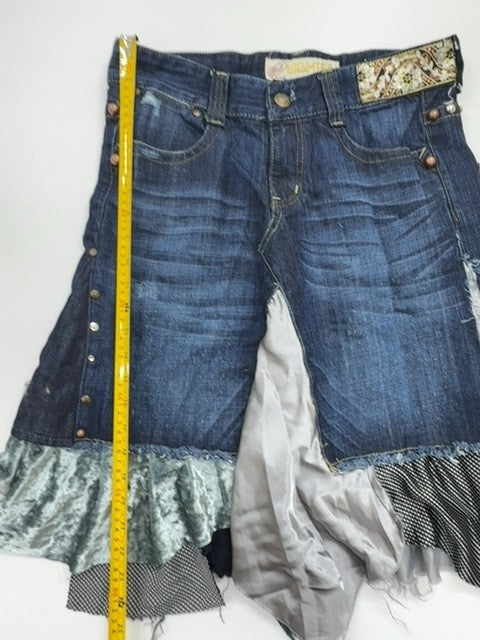 EIGHTHSIN Girls Blue Denim Skirt Size M Ruffle Hem Lace Stud Button