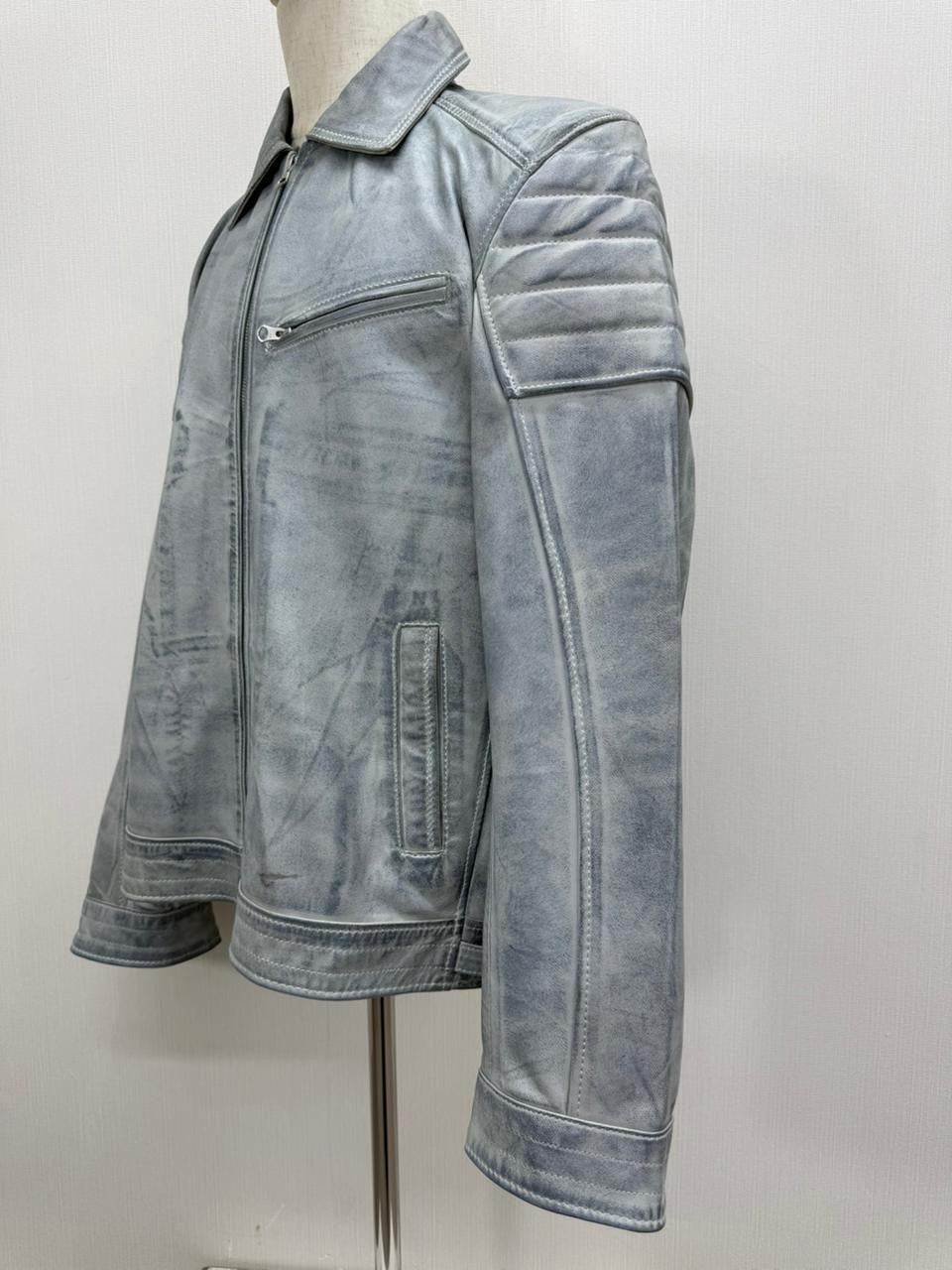 Men's Italian Sheepskin Genuine Leather Premium Soft Jacket Blue Coat Size Large