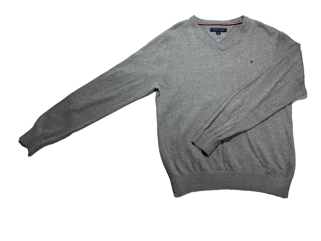 Tommy Hilfiger Men'S Long Sleeve Gray V-Neck Cotton Sweater Pullover Size Xs