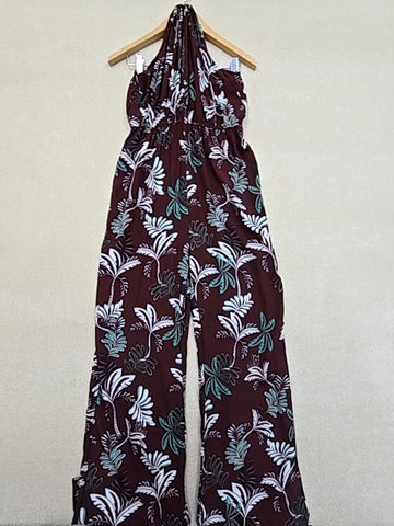 El Emeji Women's Floral Burgundy Sleeveless Wide Leg Jumpsuit Size 42