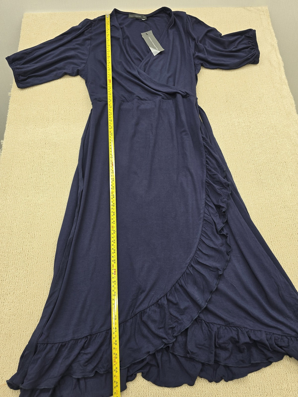 French Connection Navy Printed Wrap Midi Dress M Short Sleeve Ruffle