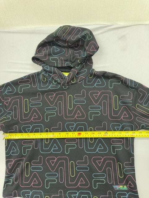 Fila Kids Black Neon Logo Hoodie Size 13-14 Retro All-Over Print