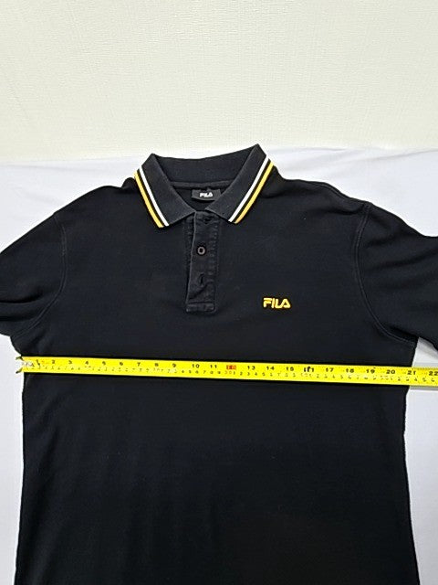 Fila Men's Black Long Sleeve Polo Shirt Size L Yellow Trim Cotton