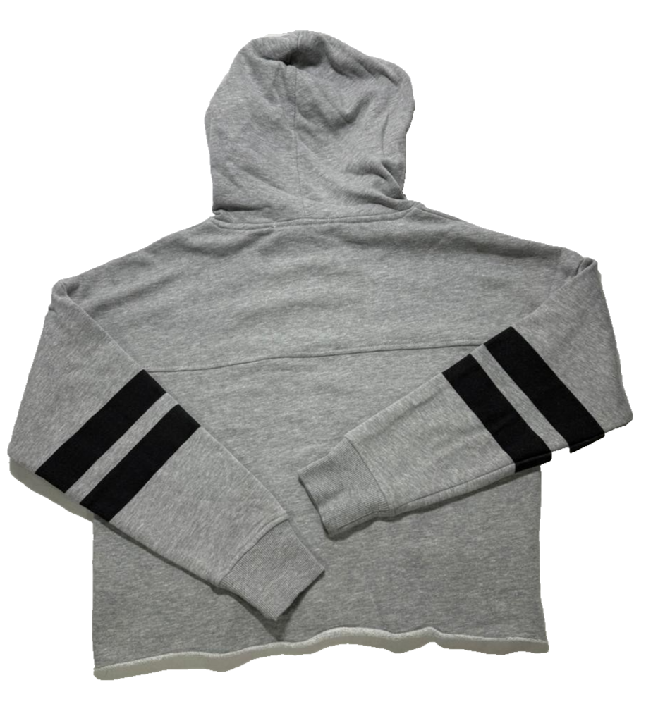 Guess Women's Grey Cropped Hoodie Size S Logo Front, Striped Sleeves