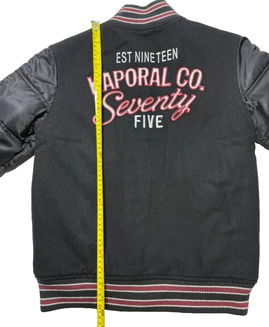 Kaporal K5 Varsity Bomber Jacket Black Men's Size 14 Patch Logo Puff Sleeves