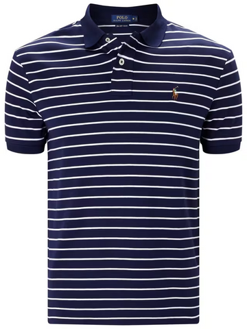 Polo Ralph Lauren Men's Navy White Striped Polo Shirt - Custom Slim Fit - Size L