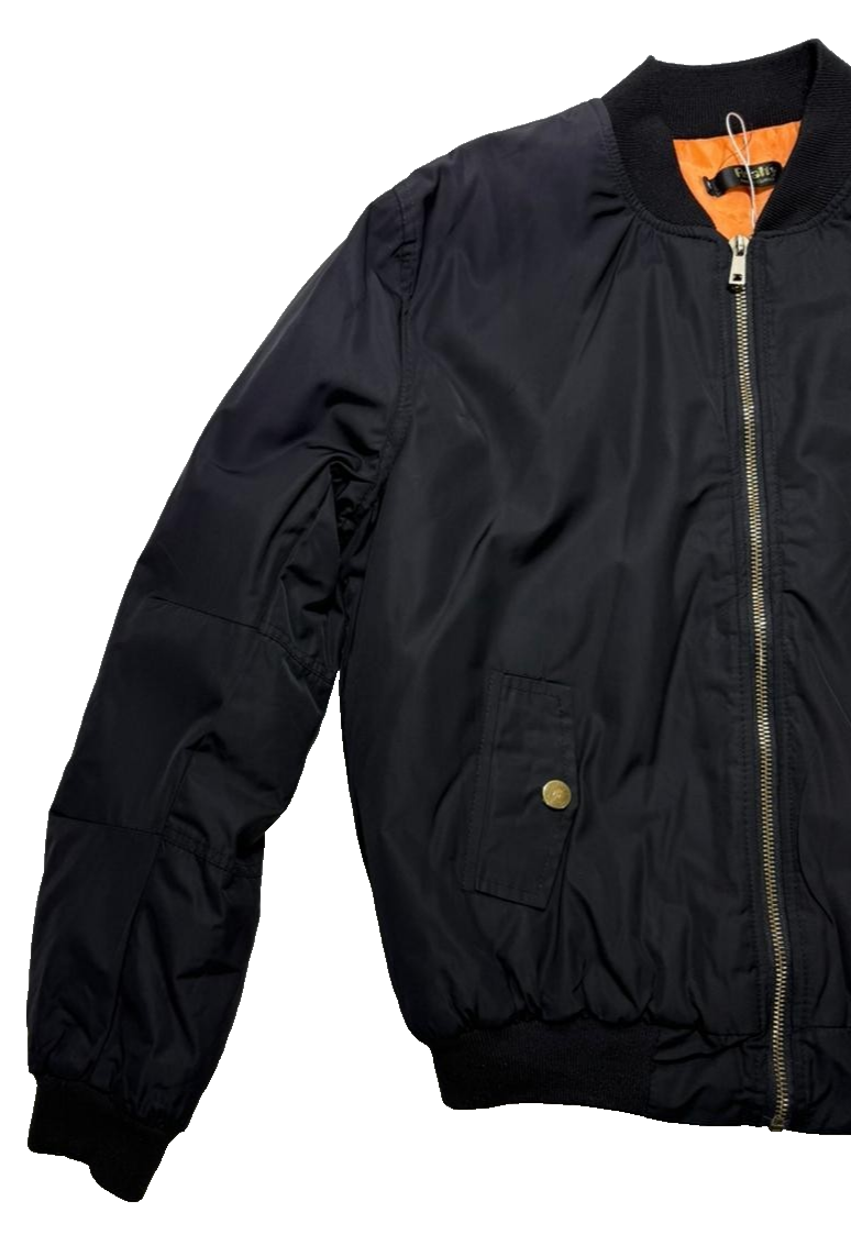 Classic Black Bomber Jacket Orange Lining Full Zip Pockets - Size M