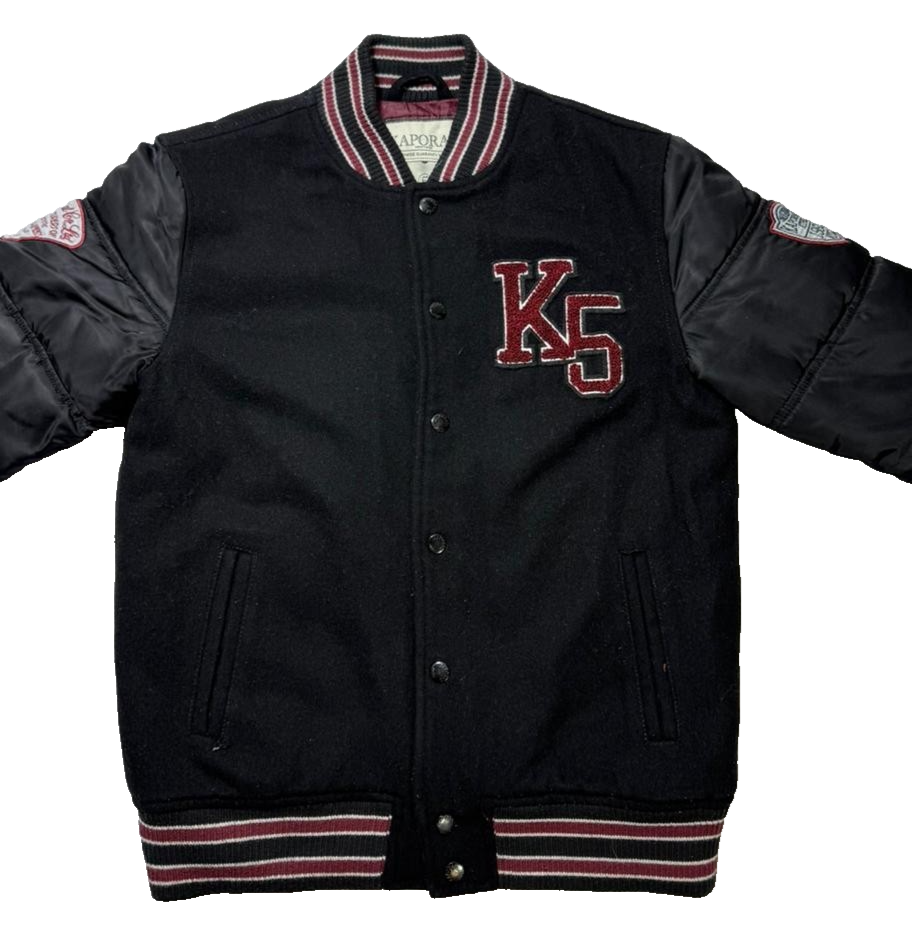 Kaporal K5 Varsity Bomber Jacket Black Men's Size 14 Patch Logo Puff Sleeves