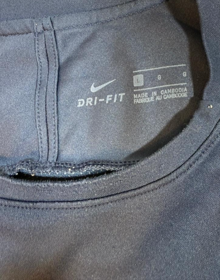 Nike Men's Navy Blue Dri-FIT Short Sleeve T-Shirt White Swoosh Logo Size L