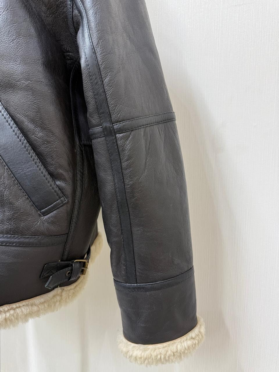 Men's Italian Sheepskin Leather Bomber Jacket Black Premium Soft Fur Asian Size L