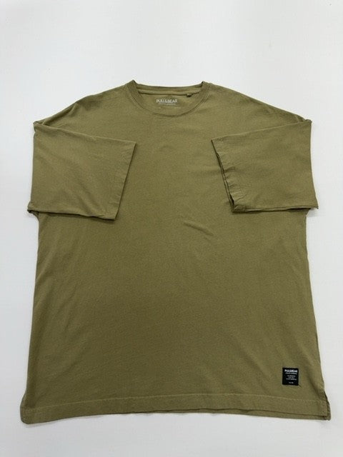 Pull&Bear Men's Olive Logo T-Shirt Size M Regular Fit Tagless Crew Neck