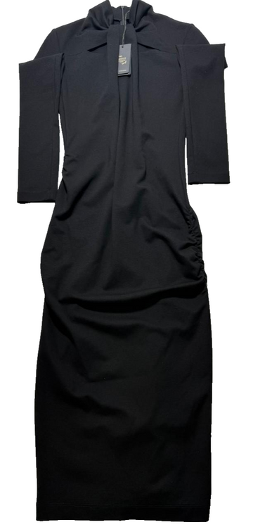 BNWT Giorgio Armani High Neck Tie Detail Midi Dress Long Sleeve Ruched Size 42
