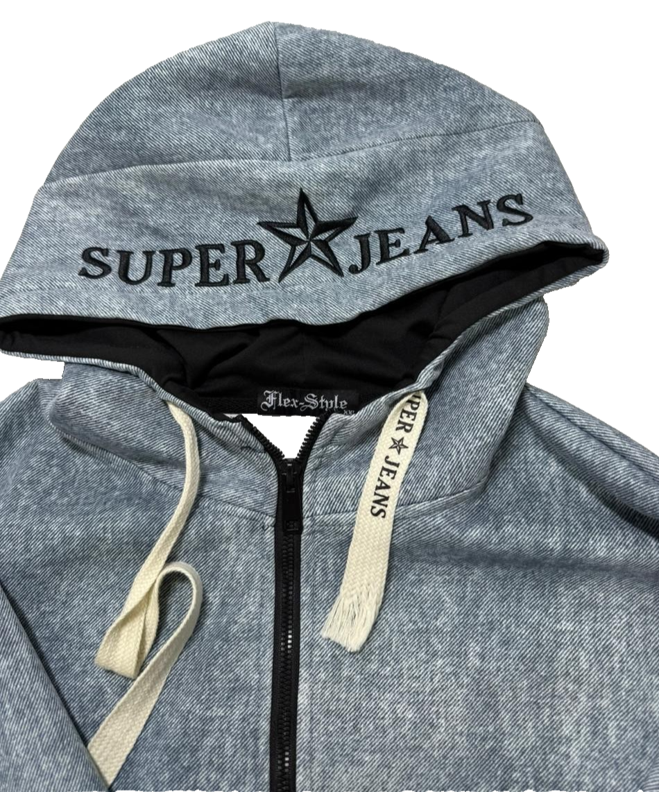 Super Jeans Flex-Style Grey Zip Up Hoodie Jacket Men's Casual XXL
