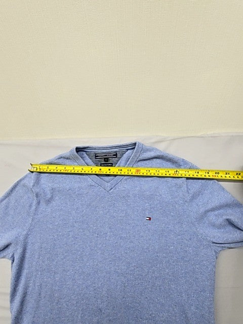 Tommy Hilfiger Men's Light Blue V-Neck Cable Knit Sweater L Pima Cotton Cashmere