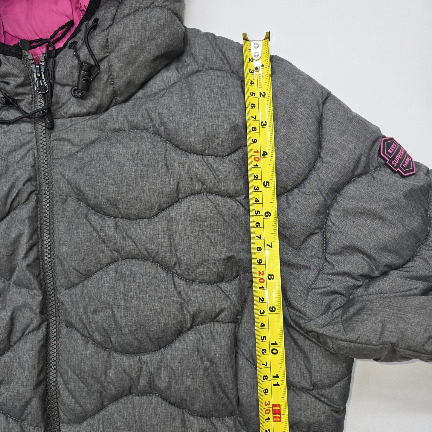 Superdry Boys Gray Puffer Jacket Hooded Quilted Full Zip Size M Midweight
