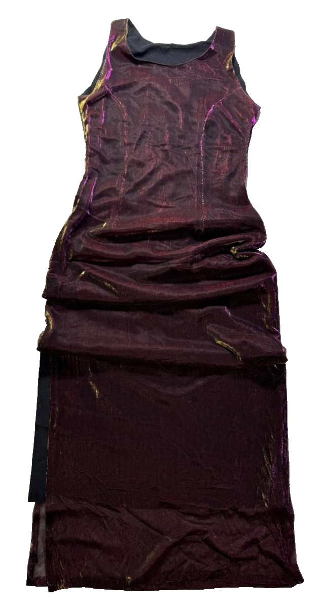 Vintage Metallic Sheer Sleeveless Dress Burgundy Gold Purple Shimmer Overlay