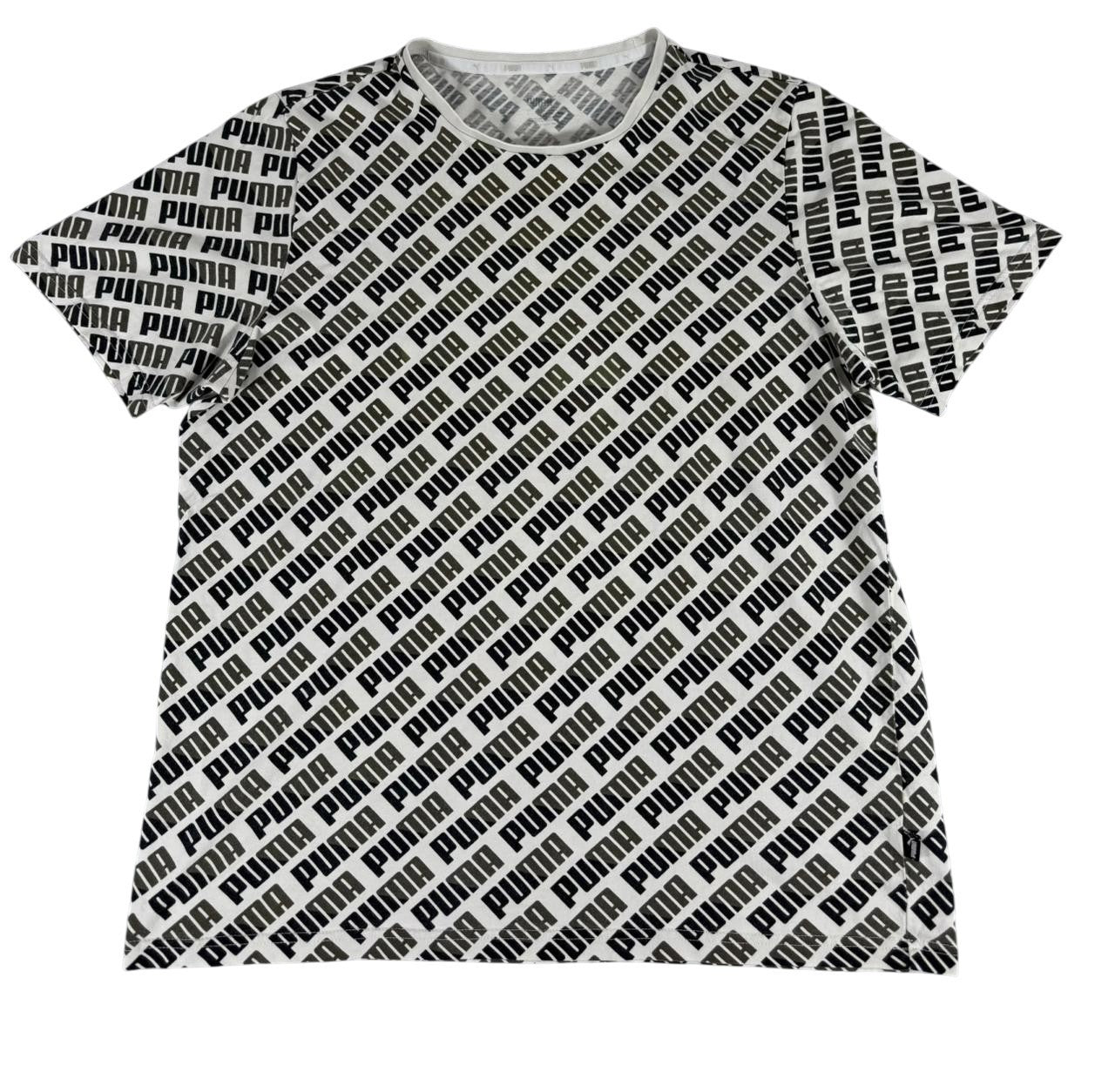 Puma Men's All Over Logo Print T-Shirt Black White Short Sleeve US Large Tag Fade