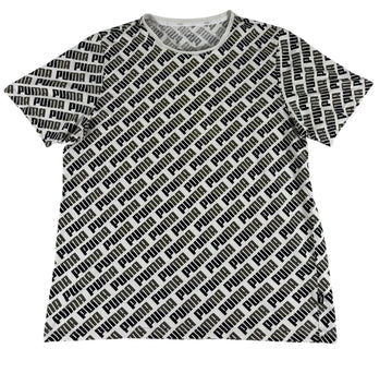 Puma Men's All Over Logo Print T-Shirt Black White Short Sleeve US Large Tag Fade