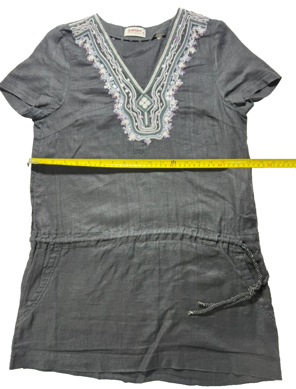 Sahah Black Beaded V-Neck Tunic Dress Short Sleeve Drawstring Waist - Size M