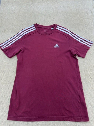 Adidas Men's Maroon Striped 3-Stripes T-Shirt S Cotton Crewneck