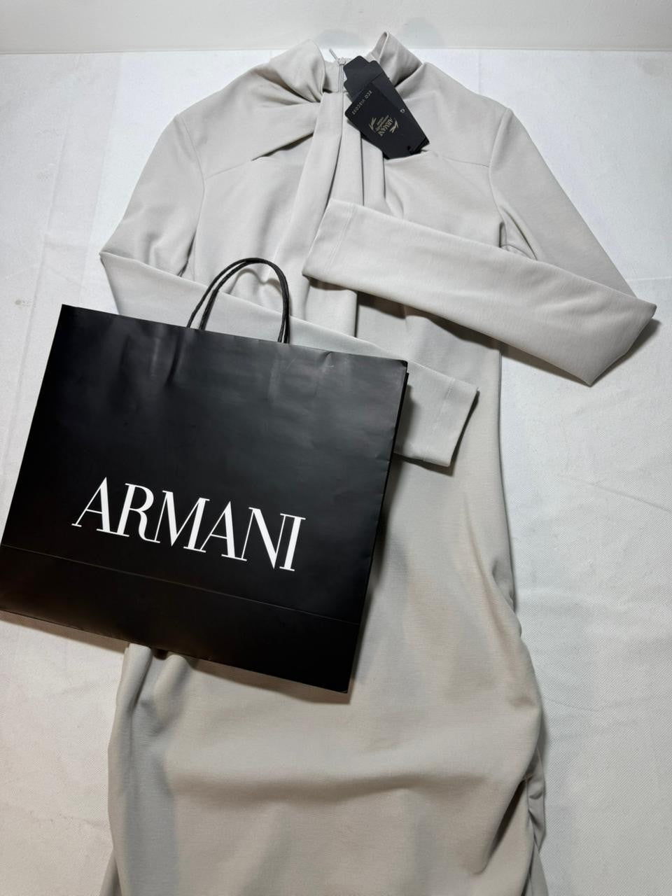 BNWT Giorgio Armani High Neck Tie Detail Midi Dress Long Sleeve Ruched Size 44