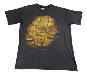 Mens Graphic Cat TShirt Black Faded Vintage Style Crew Neck Medium Tag Faded