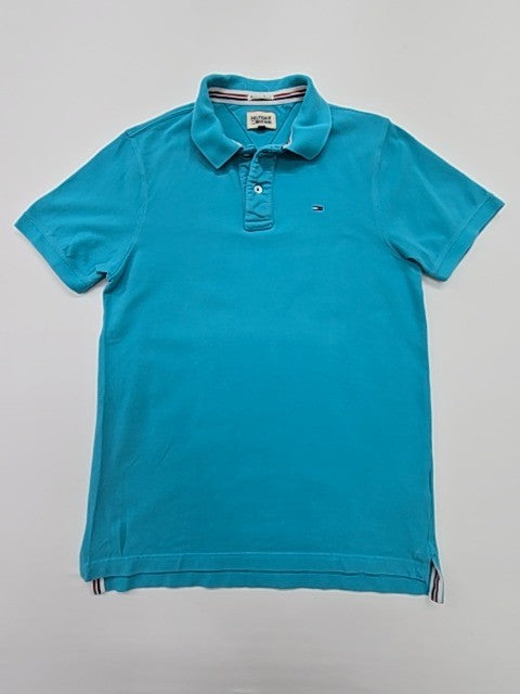 Hilfiger Denim Boys Turquoise Polo Shirt Cotton Jersey Size M Logo Button