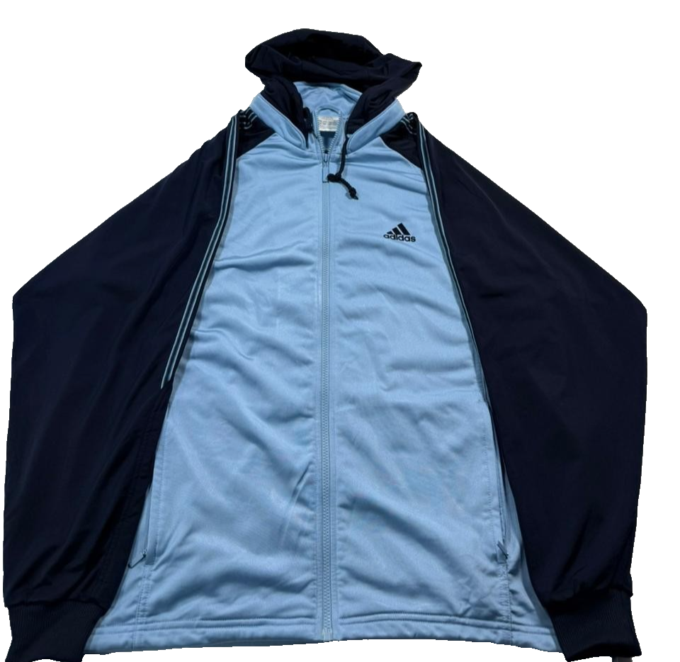 Adidas Track Jacket In Light Blue And Navy Blue With A Hood - Size M