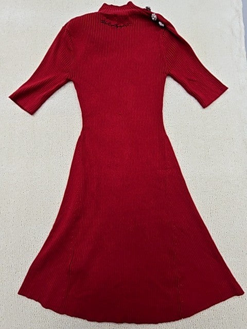 Karl Lagerfeld Red Midi Mock Neck Dress L Rib Knit Cut Out Logo