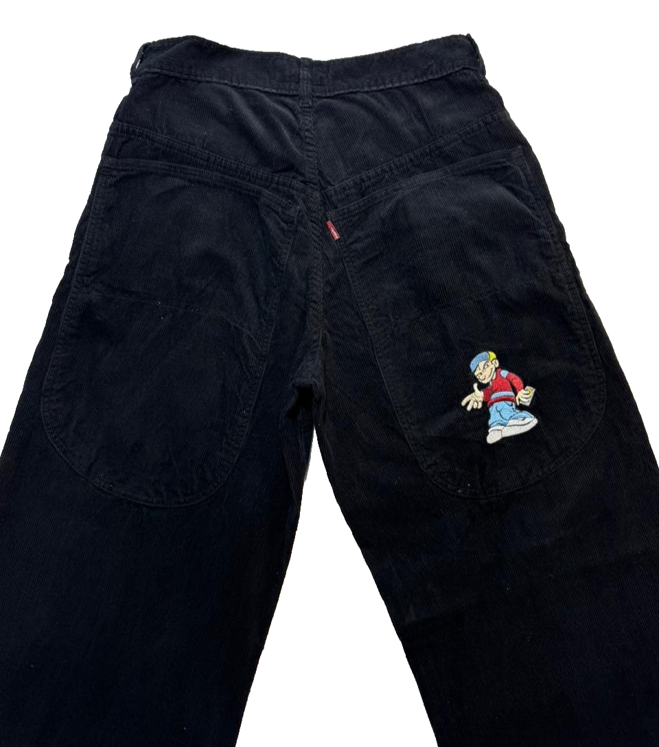 Wide Leg Corduroy Pants Women Men | High Rise Cartoon Embroidered Trousers | Unisex Casual Streetwear Bottoms | Bohemian Style | Size 38