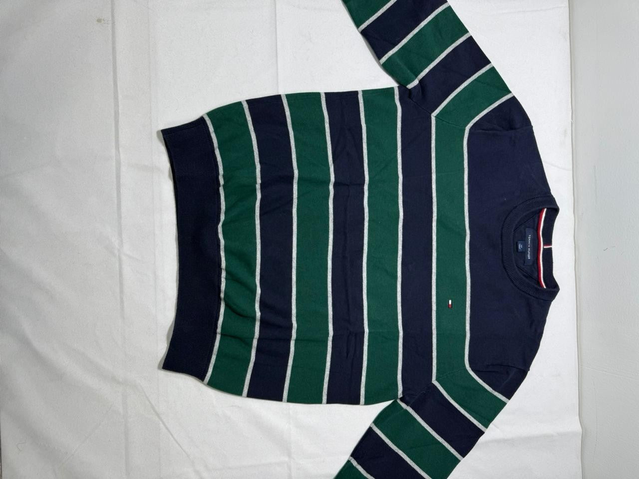 Tommy Hilfiger Men's Striped Crewneck Sweater Navy Green Size L