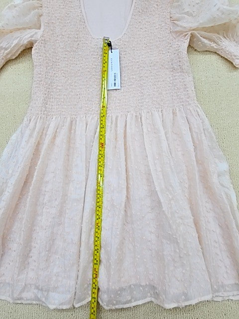 Women's Pink Smocked Chiffon Puff Sleeve Dress UK 12