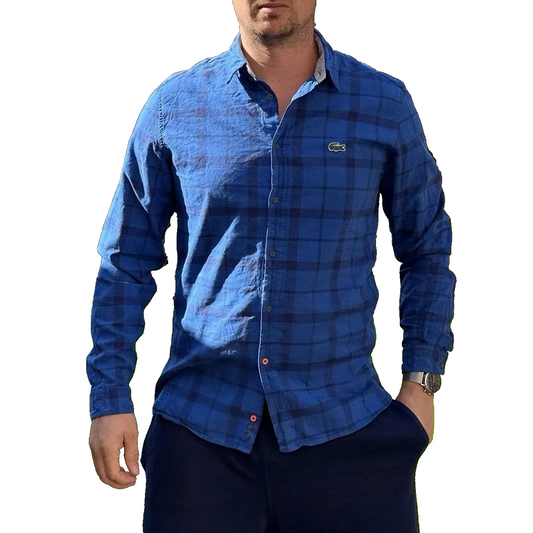 Lacoste Check Shirt For Men Blue Casual Work Shirt - Size 40