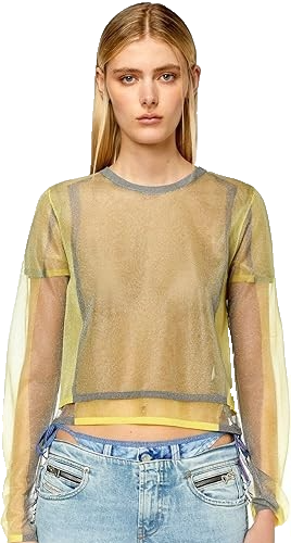 Diesel Women's Sheer Mesh Long Sleeve Top Yellow Gray See Through Size S