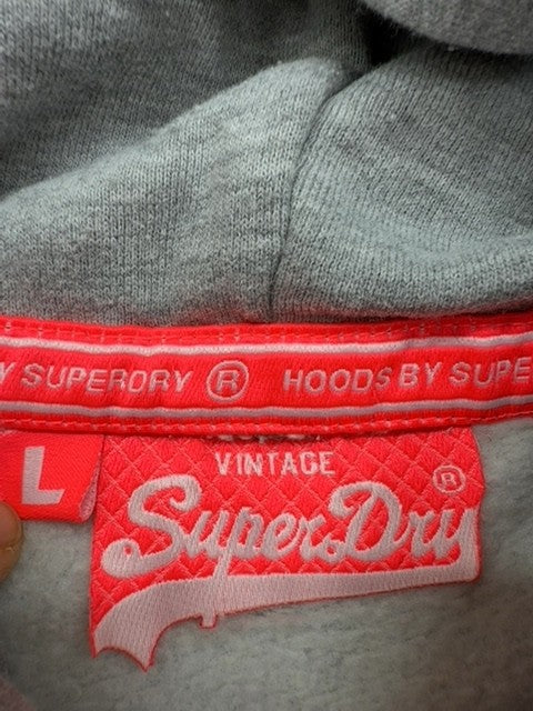 Superdry Vintage Gray Polka Dot Hoodie L Drawstring Pink Logo Unisex