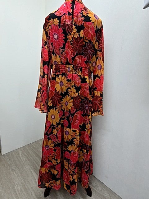 Donna Morgan Floral Maxi Dress L Multi Long Bell Sleeve High Neck